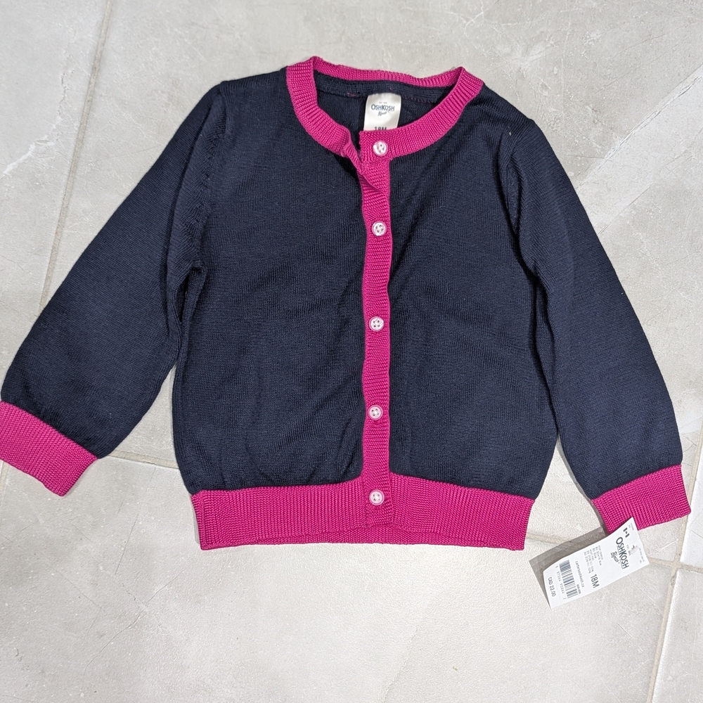 NWT OshKosh B’gosh Baby Cardigan • Navy & Pink • Size 18M Cotton